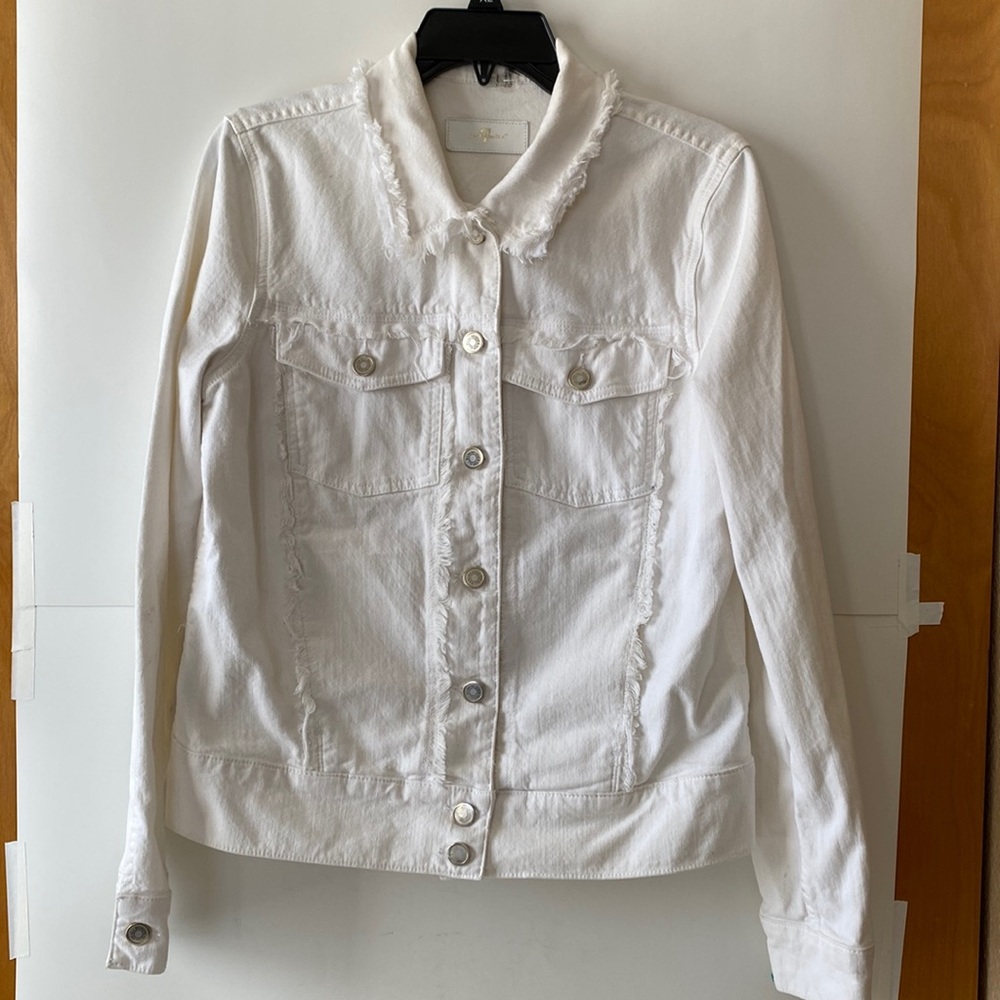 7 For All Mankind Womens Fringe Distressed Denim Jacket White Size Large